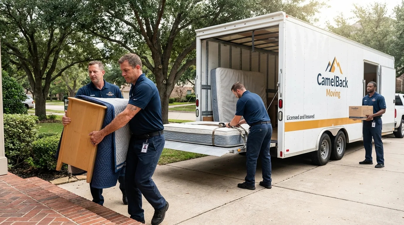 Crew loading residential truck for cross-state move from Manawa, WI