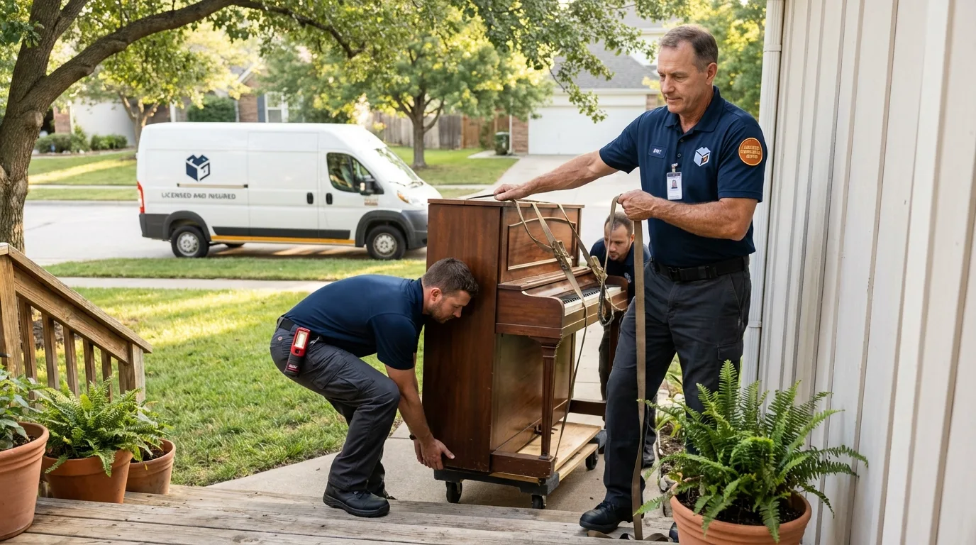 Licensed piano movers securing grand piano in Manawa, WI