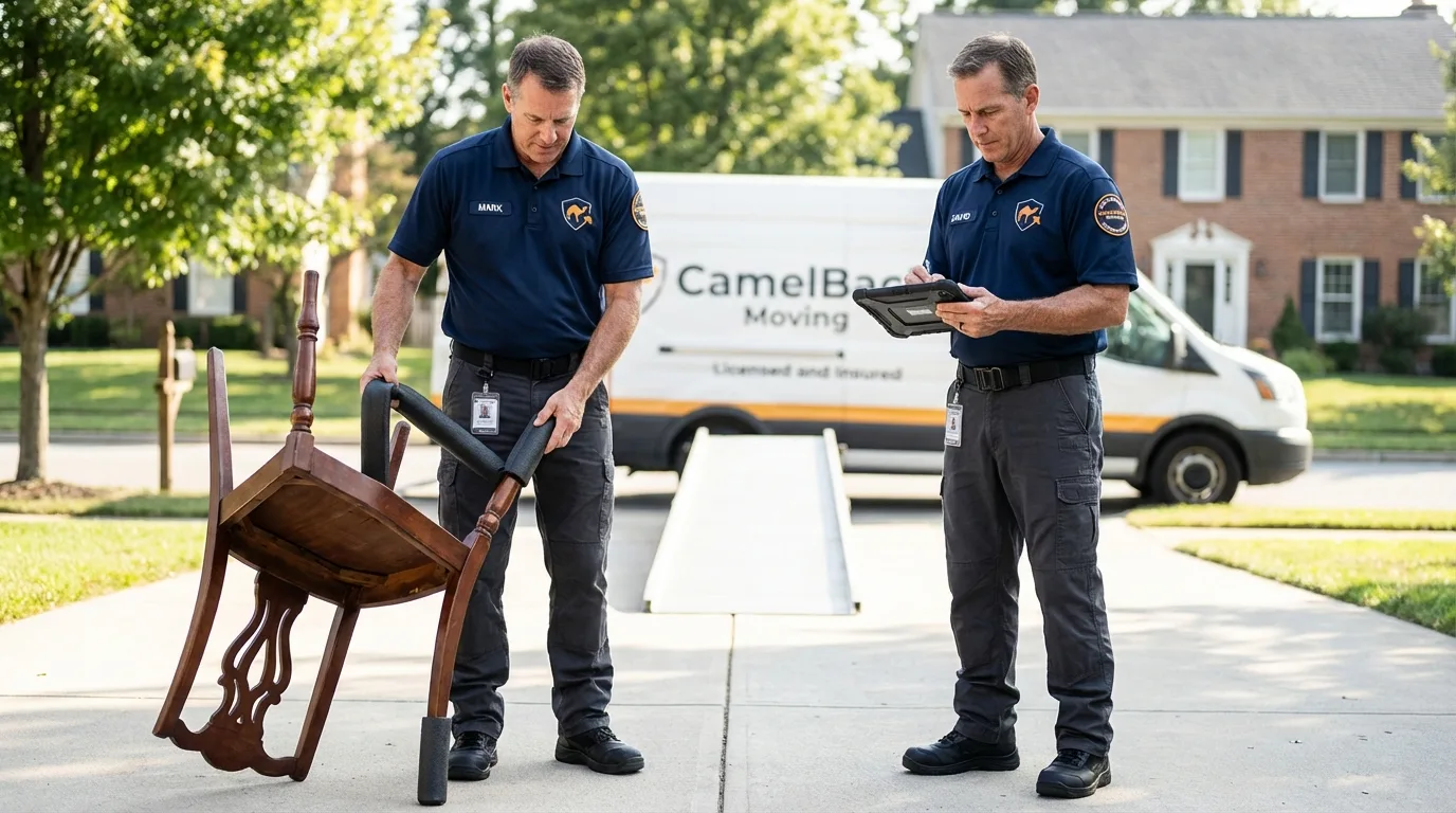 Movers inspecting furniture for damage prevention before loading in Manawa, WI