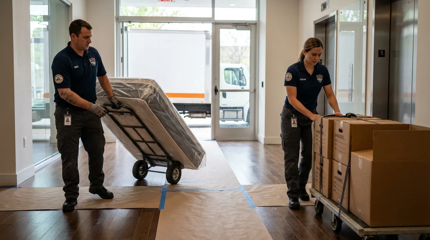 Professional apartment movers loading elevator in Manawa, WI