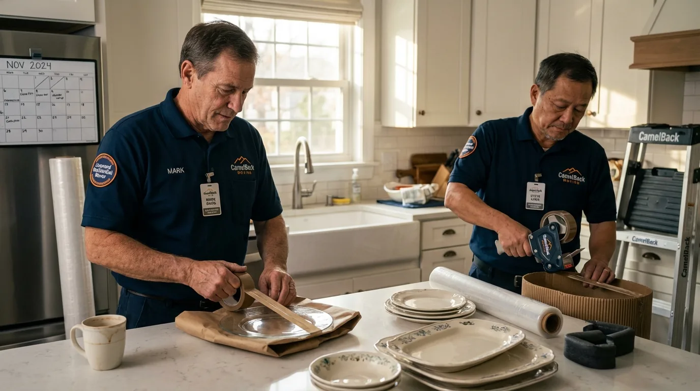 Professional crew packing kitchen dishware in Manawa, WI